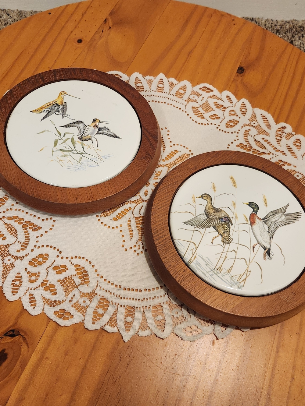 SET OF TWO Wood And Metal Wall Trivets Mallard Ducks And Wading Birds